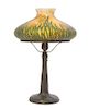 * A Handel Mosserine Table Lamp, Height overall 19 x diameter of shade 12 inches.