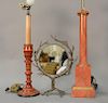 Three piece group to include tole painted faux marble lamp (ht. 27"), painted candlestick lamp, and a bronze branch mirror (ht. 14 1...