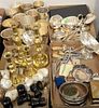 Four box lots of silverplate, cups, serving pieces, ebony peper grinders, brass push up candlesticks, pair of brass candlesticks, etc.