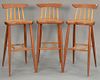 Three R. Curtis bar stools, cherry with hickory spindles. seat ht. 32 in.