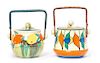Two Clarice Cliff Bizarre Ware Pottery Biscuit Barrels, Height of tallest 7 inches.
