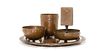 A Secessionist Style Copper Four-Piece Smoking Set, Diameter of tray 9 1/8 inches.