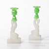 Pair of Green and Clambroth Dolphin Candlesticks