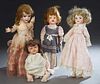 Group of Four Female Dolls, 20th c, one by Ideal, with sleep eyes; one with a lace dress and sleep eyes; one in a pink dress by Simon and Halbig, K & 