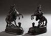 Pair of Patinated Spelter Marly Horses, late 19th c., on ogee edge ebonized wood bases, H.- 13 1/4 in., W.- 10 1/2 in., D.- 4 1/2 in.