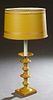 Polychromed Tole Candlestick Lamp, 20th c., with a white glass diffuser and a polychromed tapered metal shade in yellow decoration. H.- 25 1/2 in., Di