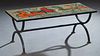 French Wrought Iron Tile Top Coffee Table, 20th c., the rectangular tile top painted with four horses, within an iron frame, on four square supports j
