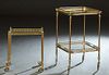 Two French Brass and Glass Dessert Trolleys, 20th c., one with two removable brass galleried serving trays, on large spoked wheels; together with a sm