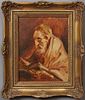 In the manner of Jozef Israels (1824-1911, Netherlands), "Elderly Man with a Book," 20th c., oil on board, signed lower left, laid to masonite, presen