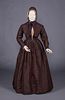 BROWN SILK TAFFETA DAY DRESS & BRIMMED BONNET, 1840s