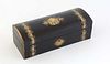 French Mother-of-Pearl and Brass Inlaid Ebonized Jewelry Box, 19th c., probably by Tahan, the arched lid over a fall front opening to a walnut interio