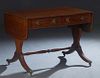 English Inlaid Mahogany Drop Leaf Sofa Table, 20th c., the stepped edge top over two frieze drawers flanked by curved leaves, on reeded trestle suppor