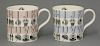 Two Wedgwood 'Alphabet' mugs,<BR>designed by Eric Ravilious, with pink and blue banding,<BR>8cm high