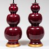 Pair of Gourd Shaped Red Glazed Pottery Vases Mounted as Lamps