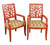 Pair of Coral Shaped Armchairs, red with coral design, having upholstered seats, sold by Lillian August, height 39 1/2 inches.