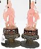 Pair of Carved Pink Quartz Figures of a Guanyin, standing figure wearing a robe, holding a child on carved base, made into table lamps, height 18 inch