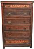 Attributed to Herter Brothers Mahogany Six Drawer Tall Chest, having two floral inlaid drawers, (three pulls as is), height 57 inches, top 22" x 37",