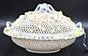 Large Colorful Belleek Covered Basket, four strand, having reticulated cover and base, painted flower and leaf design, stick handles, black mark on bo