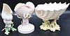 Three Belleek Shell Compotes, to include Nautilus with pink painted shell and coral, height 8 inches, having black mark; Imperial shell vase resting o