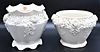 Two Large Belleek Porcelain Jardinieres, one having encrusted flower rim, chipped base, the other with scalloped rim, both with black mark, encrusted 