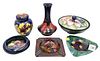 Six Piece Moorcroft Pottery Group, to include two covered jars, vase, small dish along with two ashtrays; tallest 6 inches.