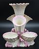 Belleek Marine Vase, having cornucopia vase top and shell dishes on pink coral form base, with black mark, height 10 1/2 inches. Provenance: Collectio