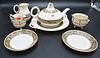 Partial Belleek Celtic Tea Set, teapot and underplate having black mark; two saucers having green mark; along with a two piece creamer and sugar set, 