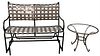 Brown & Jordan Six Piece Outdoor Set, to include two loungers, glider, tea cart (one glass missing), footstool, along with a small round glass top tab