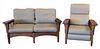 Ethan Allen Two Piece Mission Style Set, to include loveseat, height 29 inches, length 61 inches, depth 33 inches; along with a reclining chair.