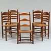 Group of Four Oak Ladder Back Chairs with Rush Seats, Together With A Cherry Ladder Back Chair
