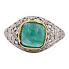 Art Deco Platinum Ring with Emerald & Diamonds