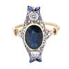 Art Deco Platinum, 18k gold Ring with Sapphire & Diamonds