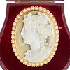 IMPORTANT LARGE VICTORIAN CARVED HARDTONE CAMEO AND PEARL BROOCH