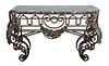 A Rococo Style Marble Top Ironwork Console Table Height 35 1/4 x width 59 x depth 22 inches.