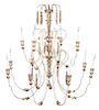 A French Carved Wood and Painted Metal Twelve-Light Chandelier Height 60 x width 41 inches.