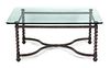 A Wrought Iron Glass Top Coffee Table Height 17 1/2 x width 40 x depth 30 1/4 inches.