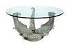 A Chinese Patinated Bronze Glass Top Table Base Height 28 x diameter 54 inches.