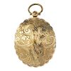 A late 19th century double sided locket. Of oval outline, engraved with scrolling floral motif, open