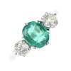 An emerald and diamond three-stone ring. The oval-shape emerald, with brilliant-cut diamond sides, t