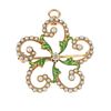 An enamel and split pearl pendant. The old-cut diamond, within a green enamel foliate surround, to t