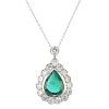 An emerald and diamond pendant. The pear-shape emerald collet, within a circular-cut diamond scallop