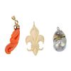 A selection of three pendants. To include a baroque cultured pearl pendant, an ivory fleur-de-lys pe