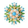 A 1970s reconstituted turquoise, coral and diamond brooch floral brooch. The reconstituted turquoise