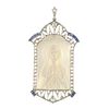A mother-of-pearl, synthetic sapphire and diamond pendant. The mother-of-pearl panel, carved to depi