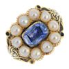 A George IV 18ct gold sapphire, split pearl and enamel ring. The foil-back sapphire and split pearl