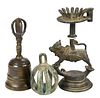 Two Indo Persian Bronze Bells and Candle Holder