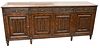 Oak Jacobean Style Sideboard, having center dry sink, (3" x 3" area with scratching to top), height 36 inches, width 84 inches.