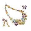 AN 18K YELLOW GOLD, DIAMOND, AND GEMSTONE DEMI PARURE, NECKLACE, PENDANT AND EARRINGS,