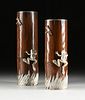 TWO JAPANESE SILVERED METAL MOUNTED BAMBOO "HUNGRY FROG AND DRAGONFLY" VASES, 20TH CENTURY,