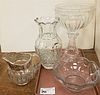 TRAY CRYSTAL- COMPOTE 13"H X 9" DIAM, VASE 12"H X 6" DIAM, HEISEY PITCHER W/ SILVER OVERLAY AND BOWL 3 3/4"H X 9" DIAM